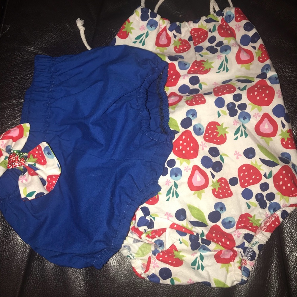 Boutique fruit print romper with blue bloomers